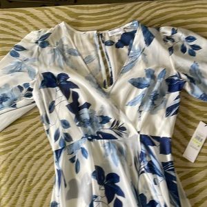 NWT Calvin Klein Blue and White Floral high low dress with slip
